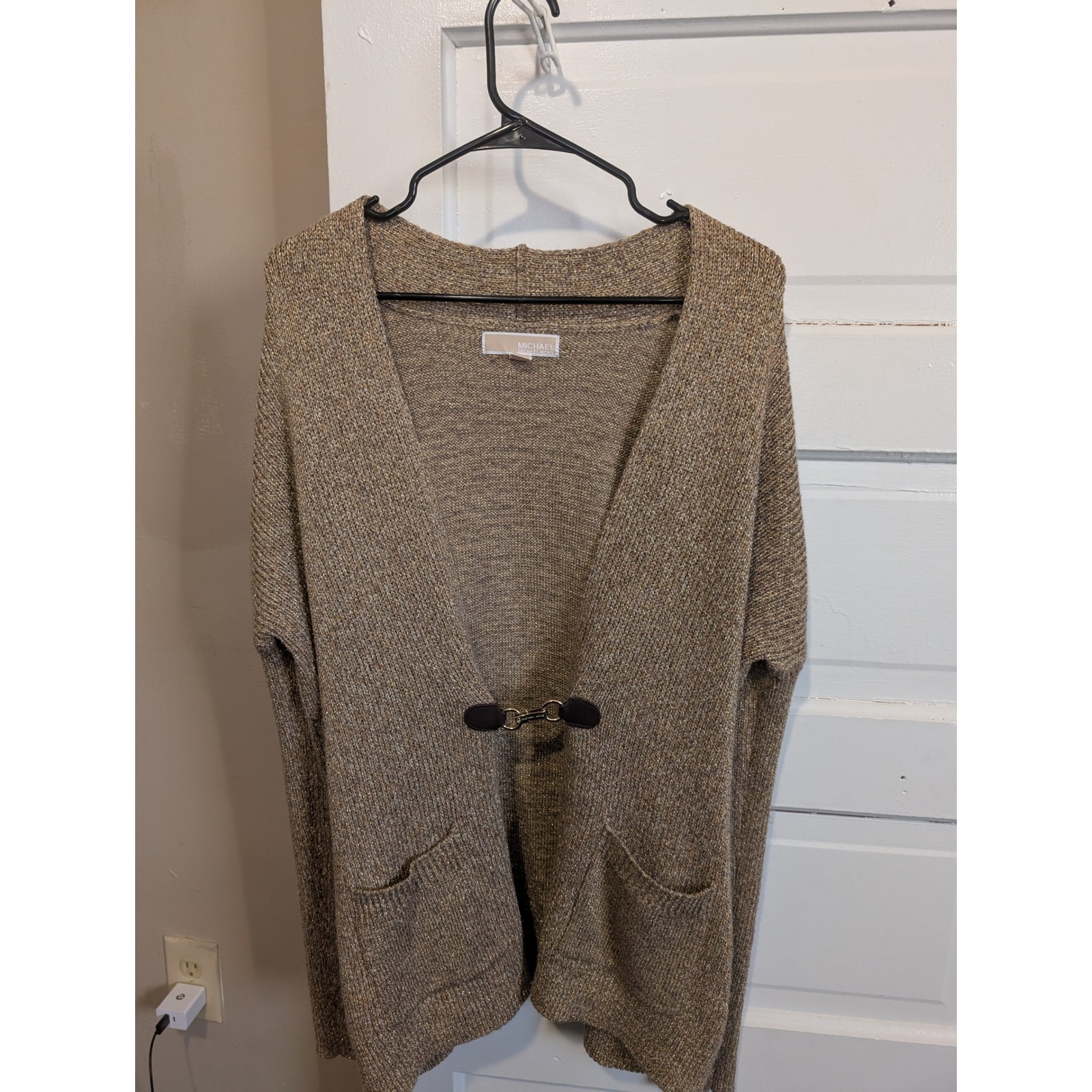 Michael Kors Womens Gold Metallic Knit Cardigan Toggle Closure Sweater Medium